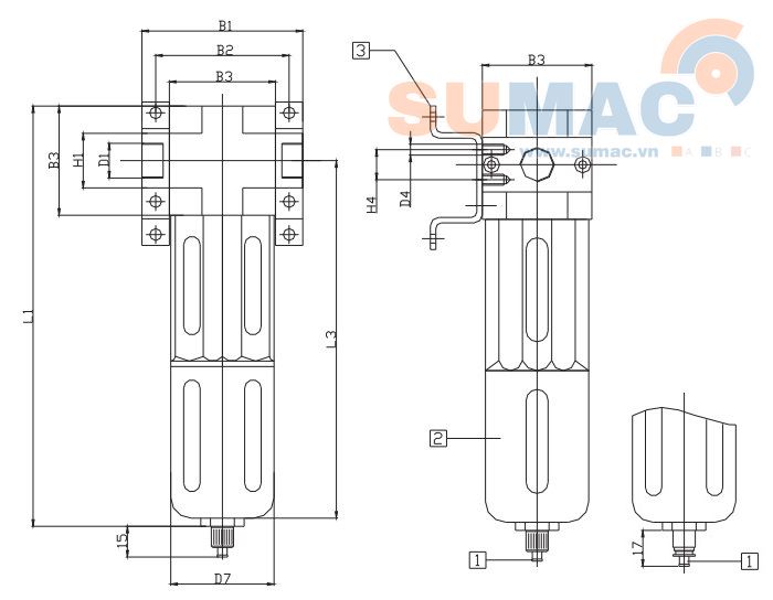 kích thước bộ lọc khí nén LF08. LF10, LF15