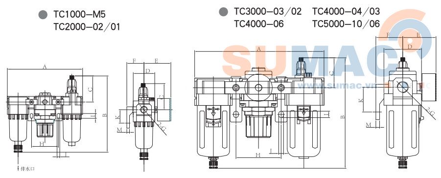 kích thước bộ lọc khí nén xả tự động TC1000 TC2000 TC3000 TC4000 TC5000