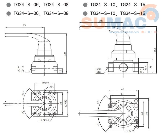 kích thước van khí gạt tay TG24, TG34