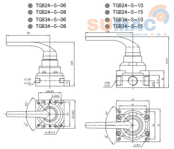 thông số van khí gạt tay TGB24, TGB34