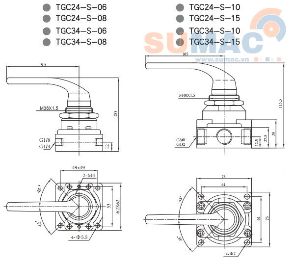 thông số van khí gạt tay TGC24, TGC34