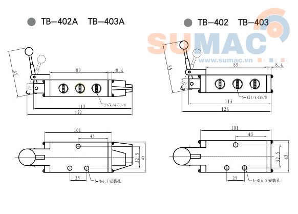 kích thước van gạt tay khí nén TB402, TB403, TB402A, TB403A