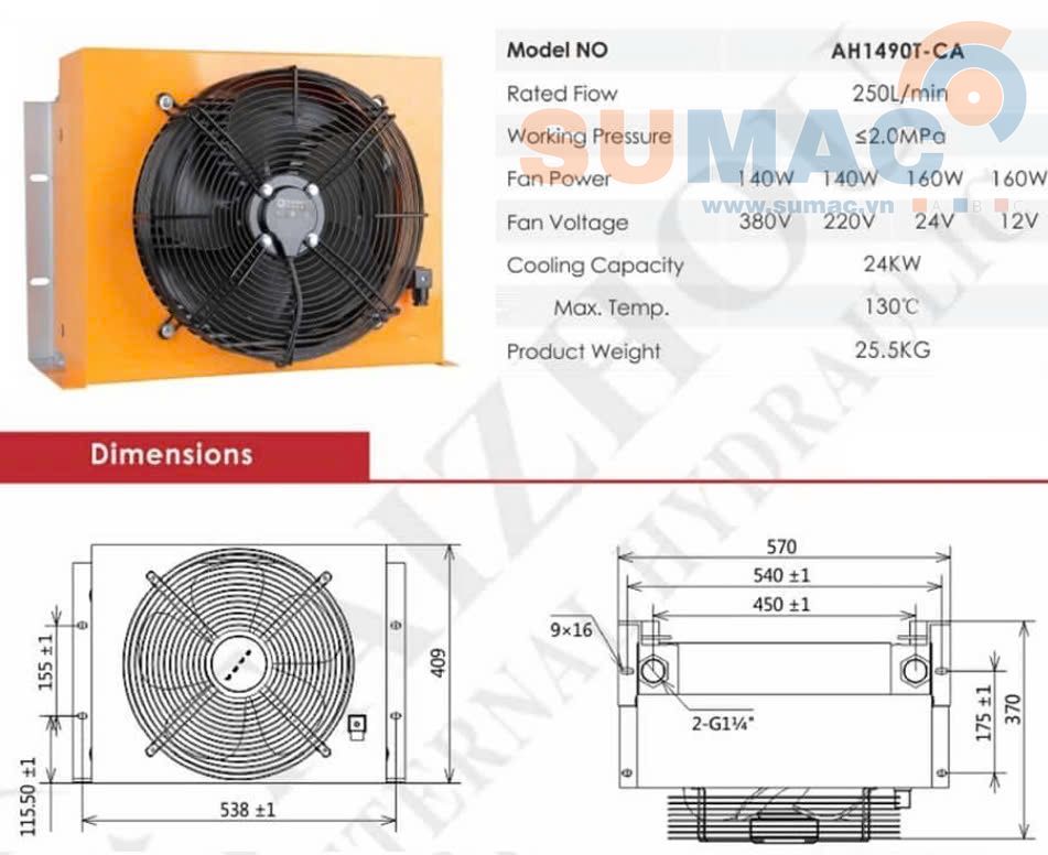 thông số kỹ thuật quạt làm mát 250 lít AH1490T-CA