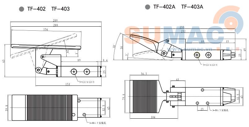 thông số van gạt tay khí nén TF402, TF403, TF402A, TF403A