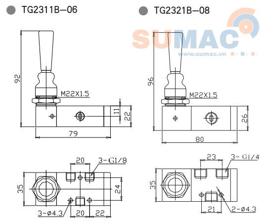 THÔNG SỐ KỸ THUẬT VAN GẠT TAY KHÍ NÉN TG2311B-06, TG2321B-08