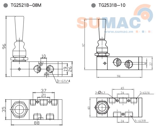 ​​​​​​​THÔNG SỐ KỸ THUẬT VAN GẠT TAY KHÍ NÉN TG2521B-08M, TG2531B-10