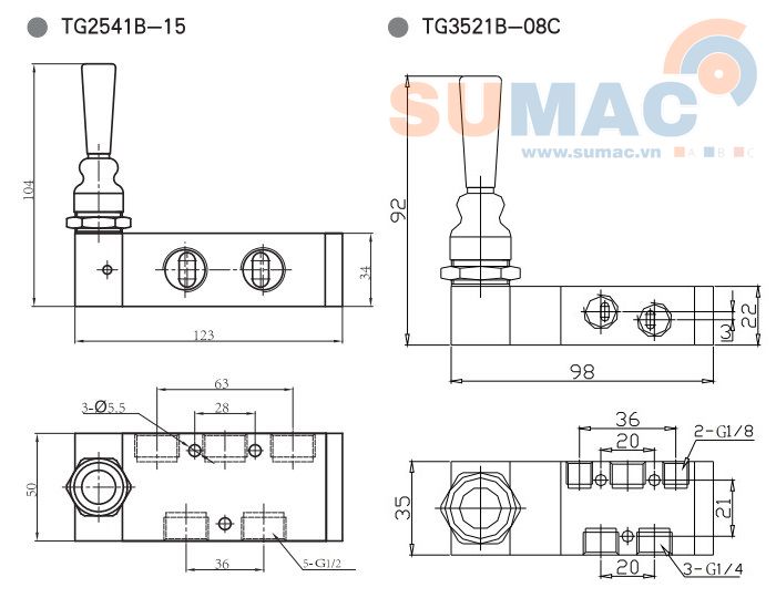 ​​​​​​​THÔNG SỐ KỸ THUẬT VAN GẠT TAY KHÍ NÉN TG2541B-15, TG3521B-08C