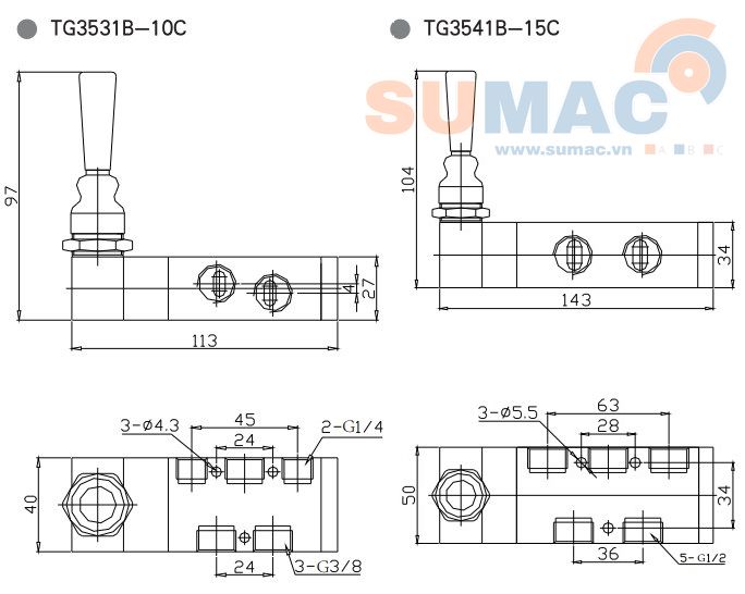 THÔNG SỐ KỸ THUẬT VAN GẠT TAY KHÍ NÉN TG3531B-10C, TG3541B-15C